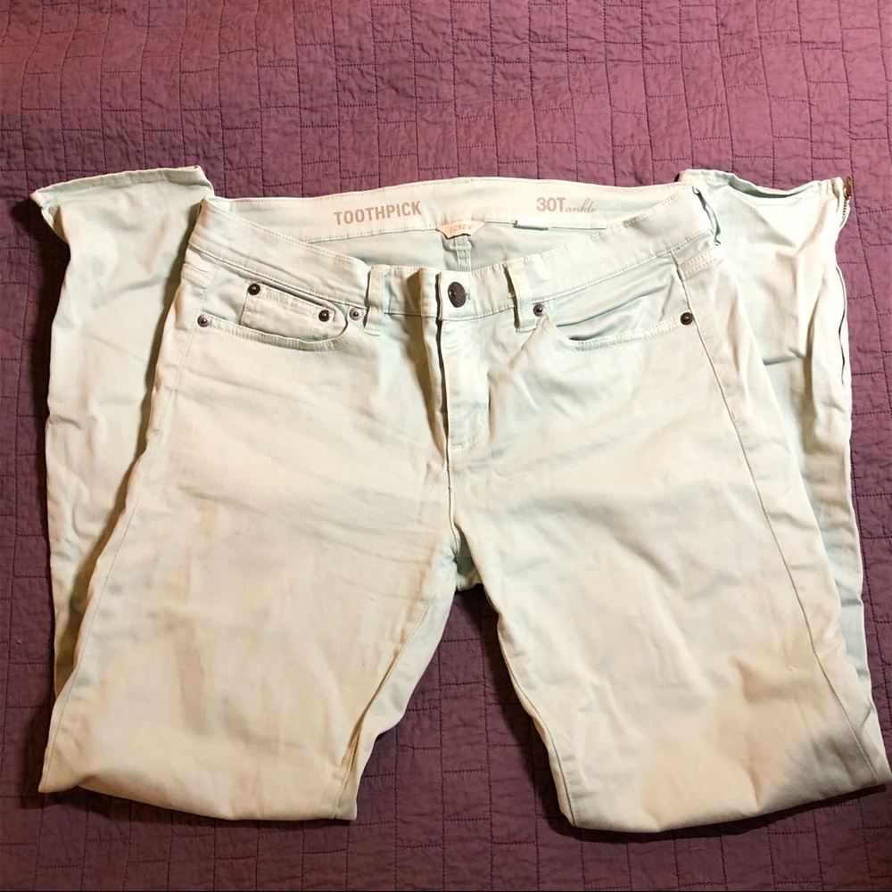 J. Crew Factory garment-dyed light teal ankle skinny jeans